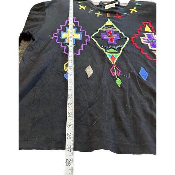 Vintage Audrey Jones Women’s Black Boxy Top Embroidered Cross Side Slit 90s READ - Picture 8 of 11
